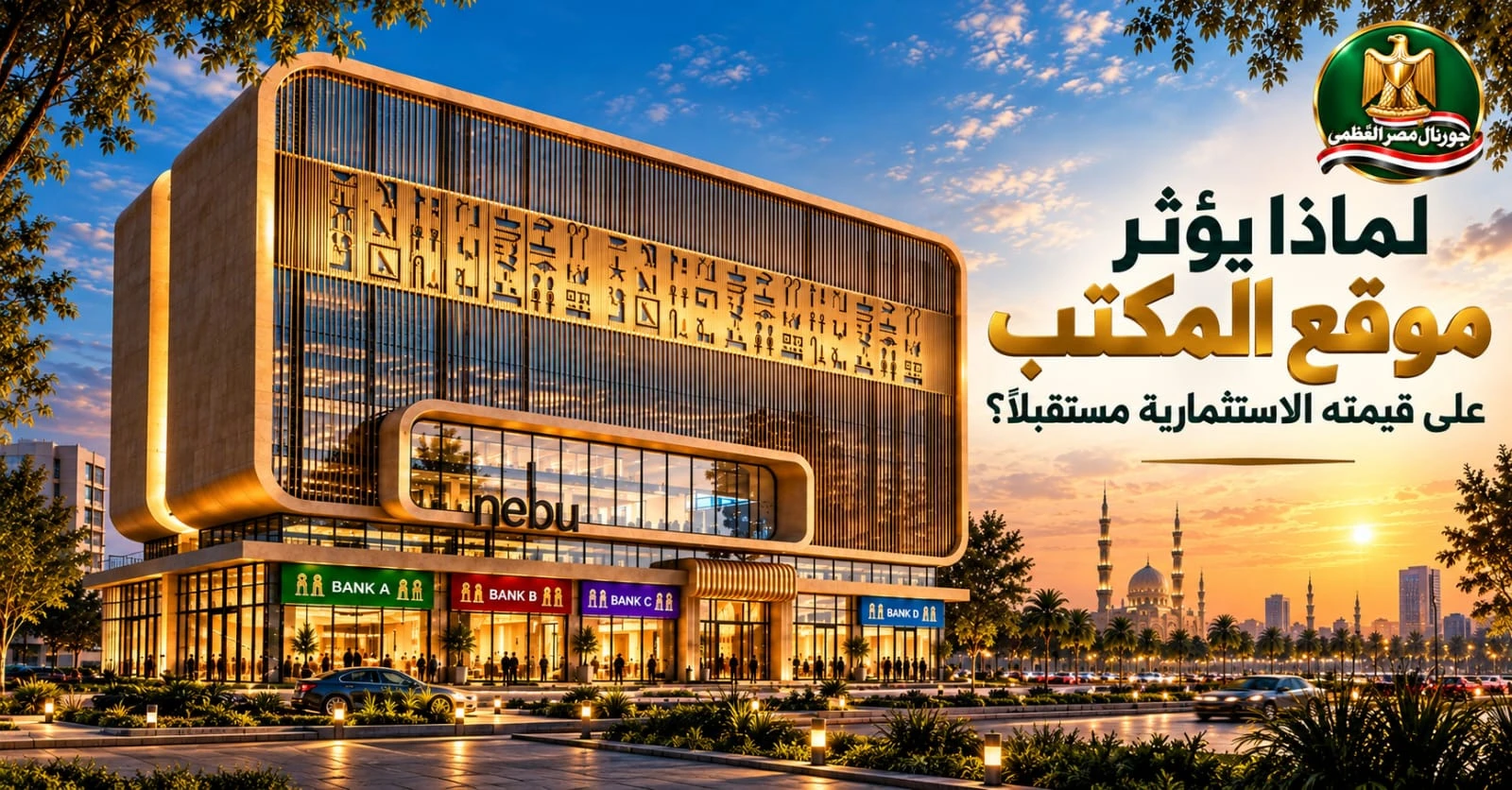 تصميم توضيحي لمبنى نيبو NEBU بواجهة ذهبية وزجاجية وعنوان عن علاقة موقع المكتب بقيمته الاستثمارية
