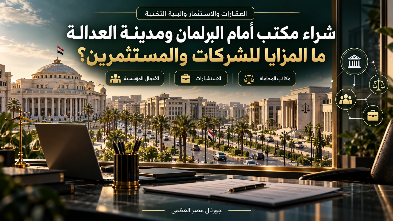 تصميم توضيحي لشراء مكتب أمام مدينة العدالة والبرلمان بالعاصمة الإدارية الجديدة، يبرز احتياجات مكاتب المحاماة والاستشارات والشركات الإدارية