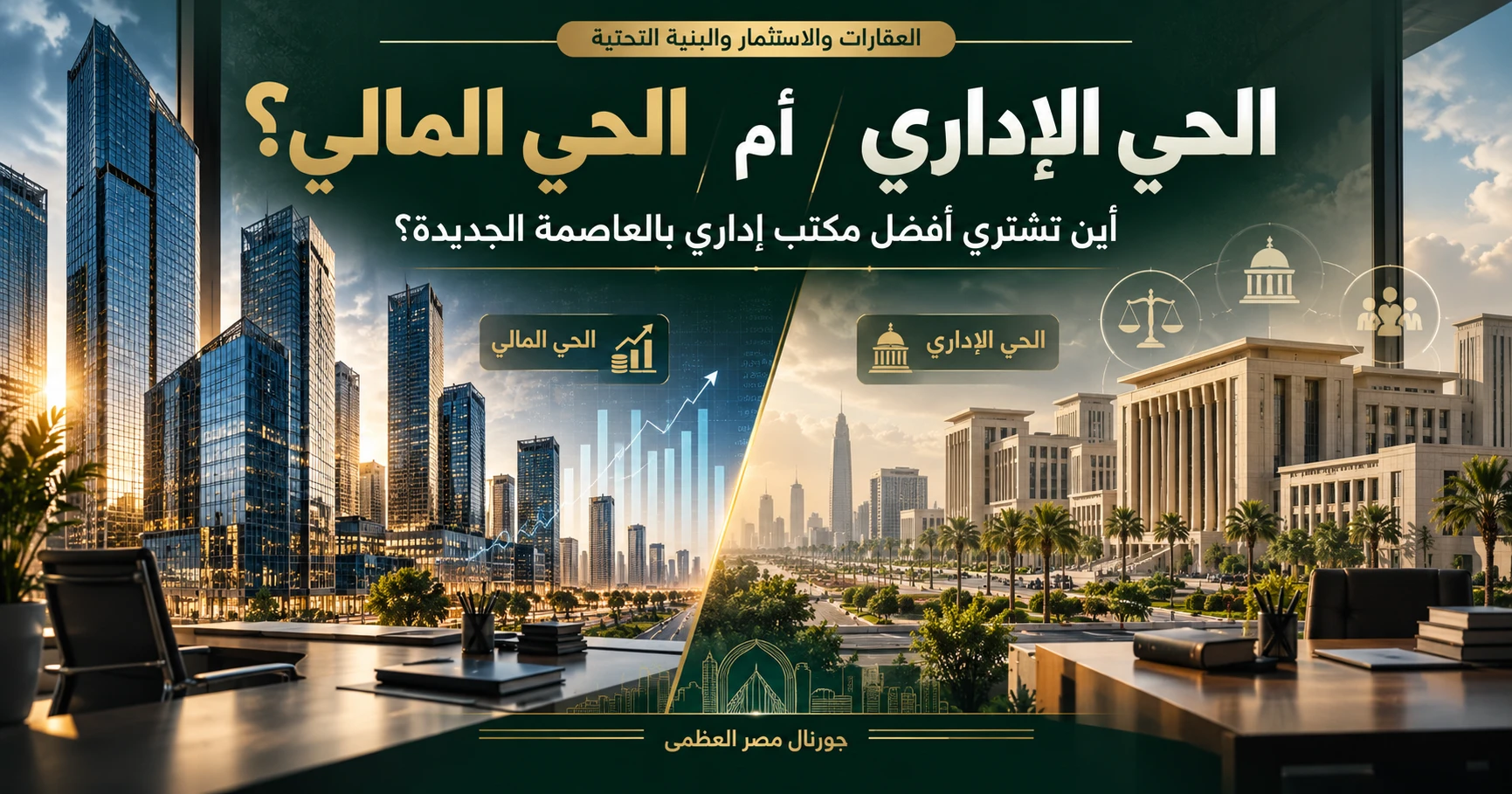 تصميم تحريري يقارن بين الحى الإدار والحى المالى بالعاصمة الإدارية الجديدة من حيث شراء المكاتب الإدارية والاستثمار العقاري