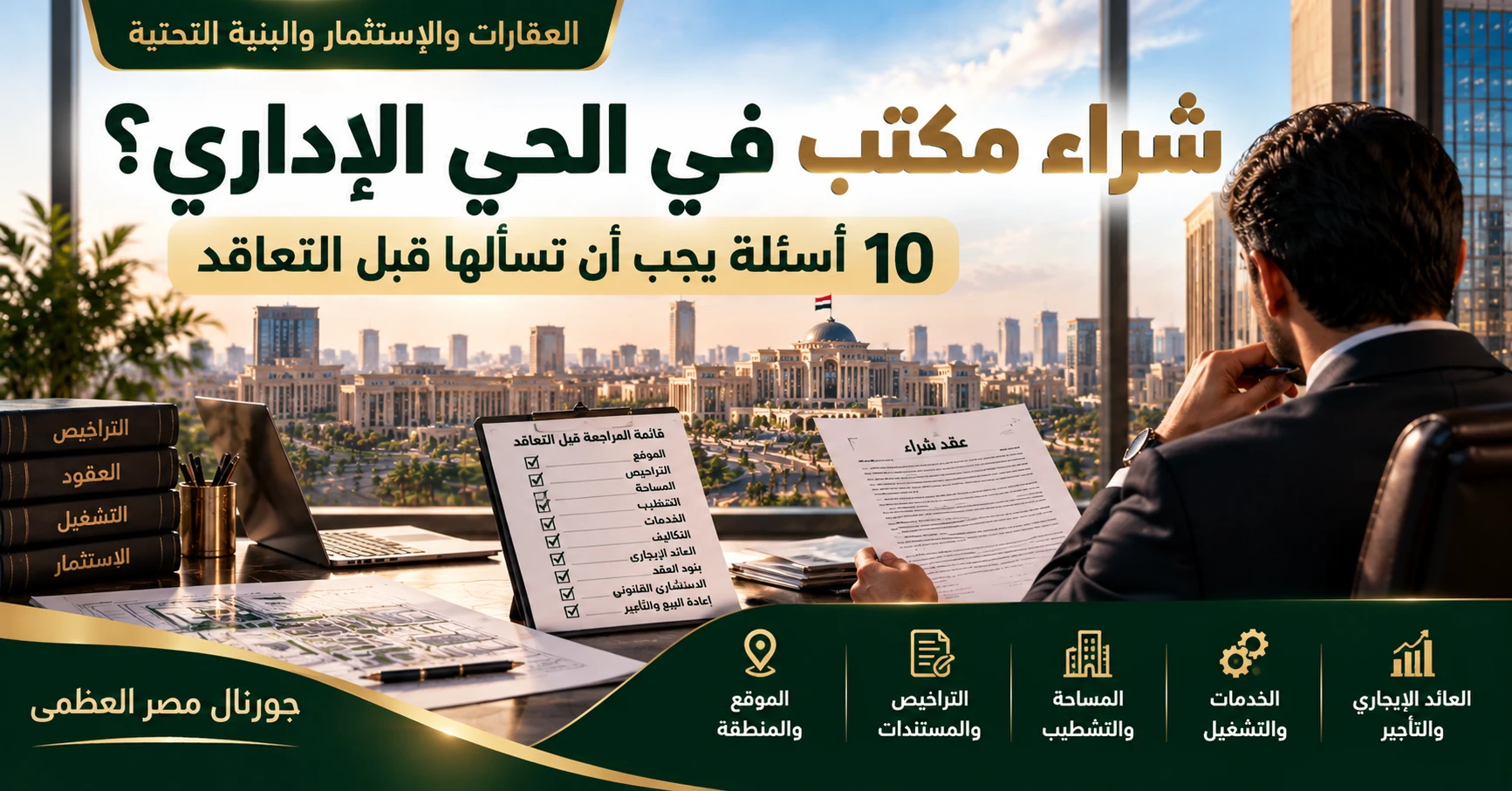 صورة توضيحية لمستثمر يراجع عقد شراء مكتب في الحي الإداري بالعاصمة الإدارية الجديدة، تشمل 10 أسئلة عن الموقع والتراخيص والمساحات والتشغيل قبل التعاقد