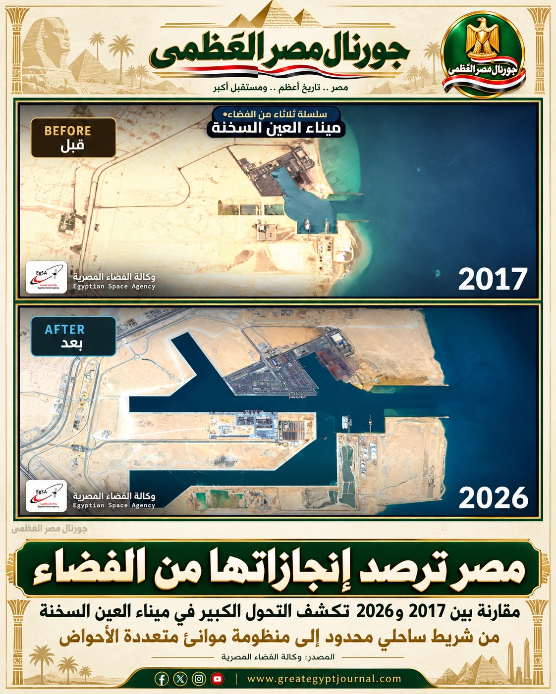 صور الأقمار الصناعية توضح تطور ميناء العين السخنة بين 2017 و2026 وتوسع الأحواض والأرصفة البحرية في مصر.