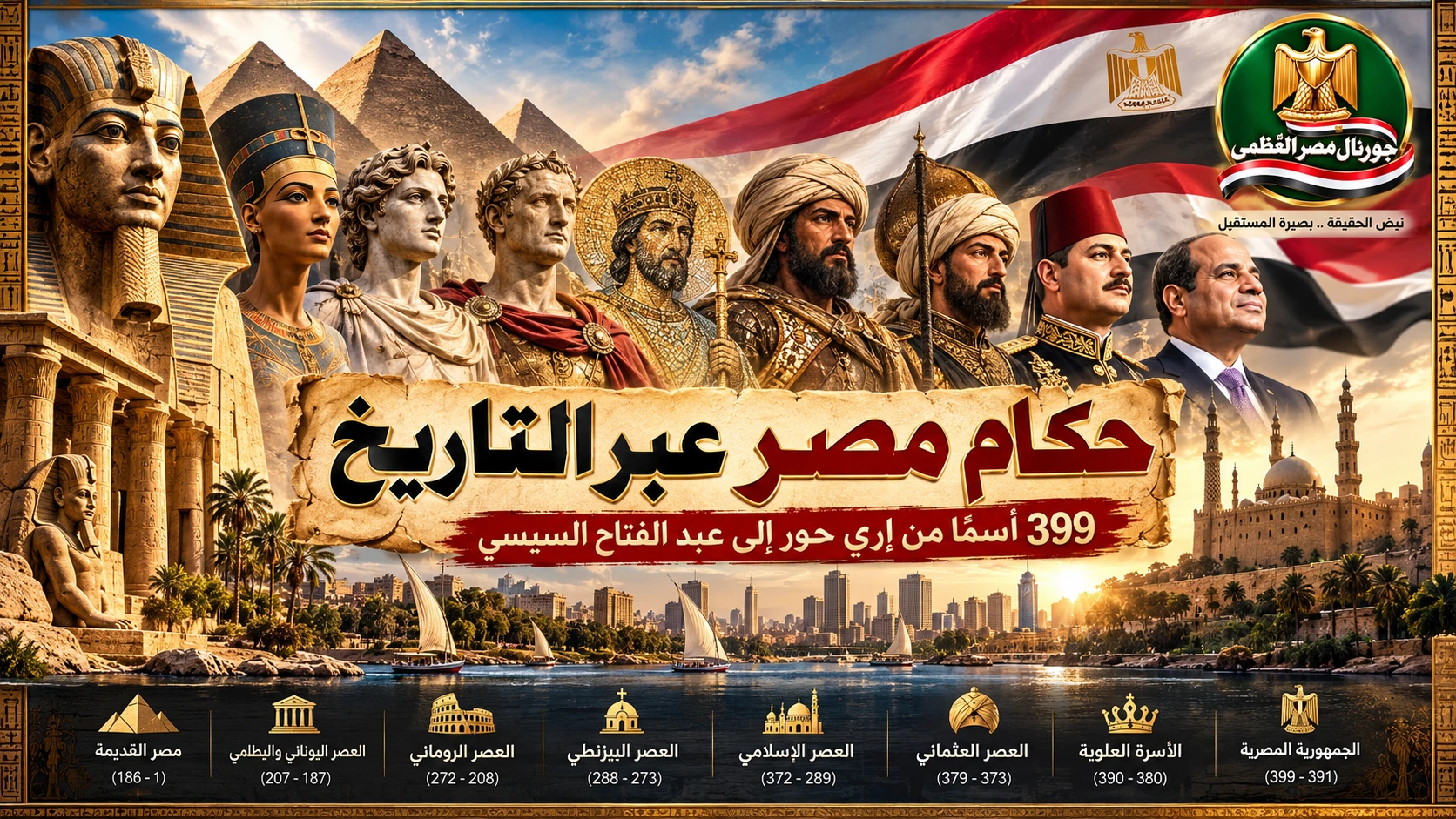 حكام مصر وملوك مصر عبر التاريخ بالترتيب من الفراعنة والبطالمة إلى المماليك والملوك ورؤساء الجمهورية
