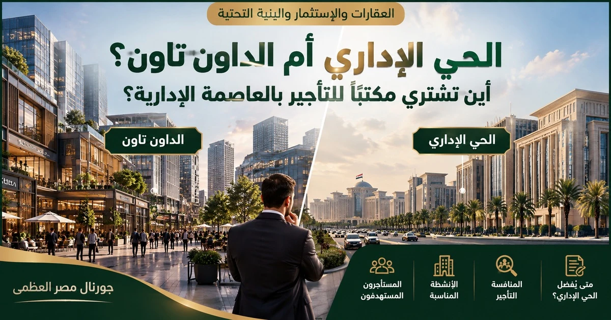 مقارنة بصرية توضيحية بين الحي الإداري والداون تاون بالعاصمة الإدارية الجديدة لاختيار مكتب إداري للتأجير حسب طبيعة المستأجر والأنشطة والمنافسة